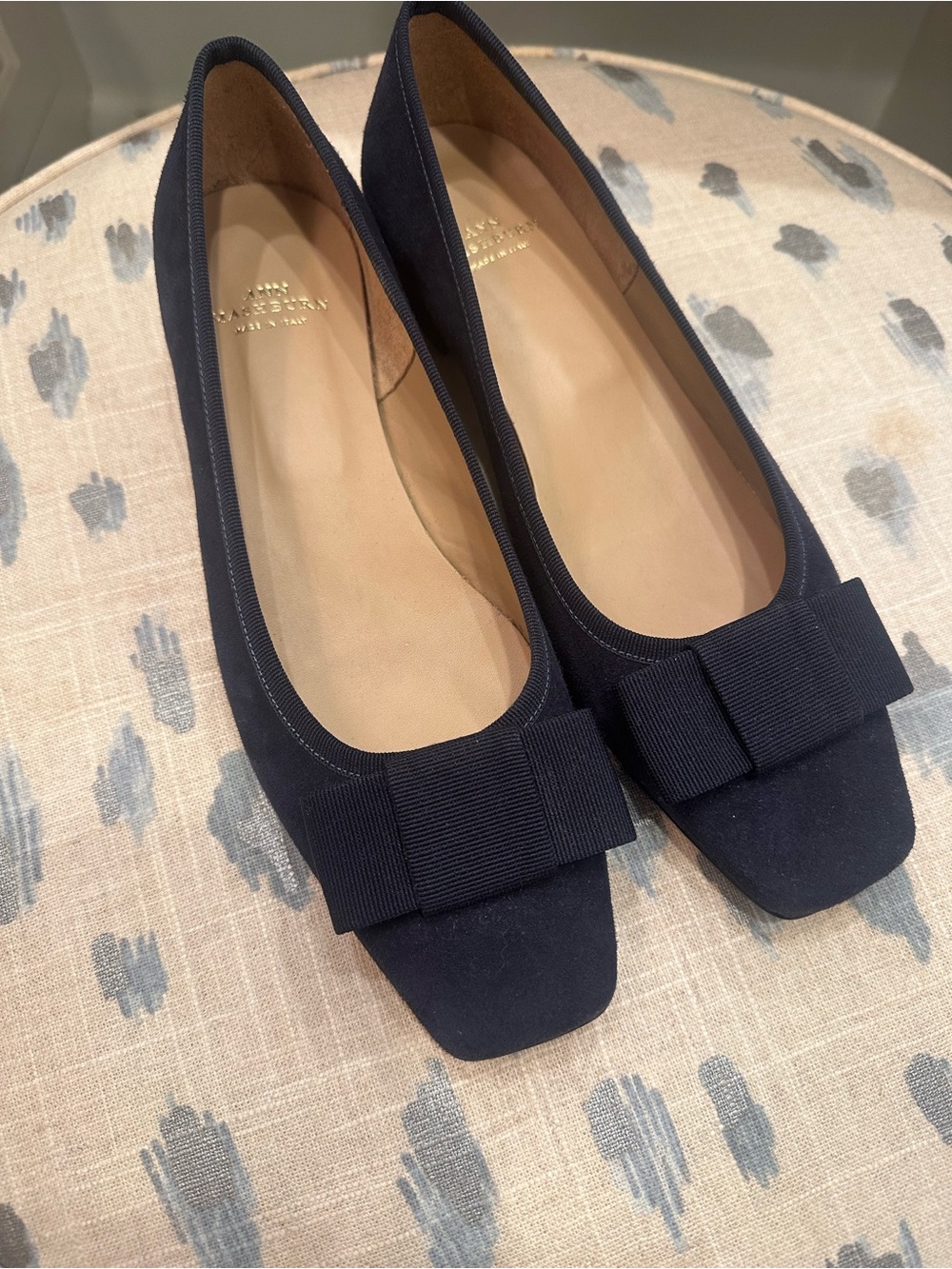 ANN MASHBURN Navy Suede Bow Square-Toe Flats